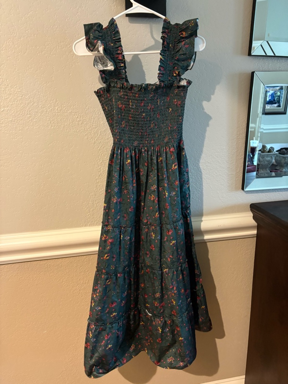 Smocked Ruffled Strap Floral Nap dress- Dark Green